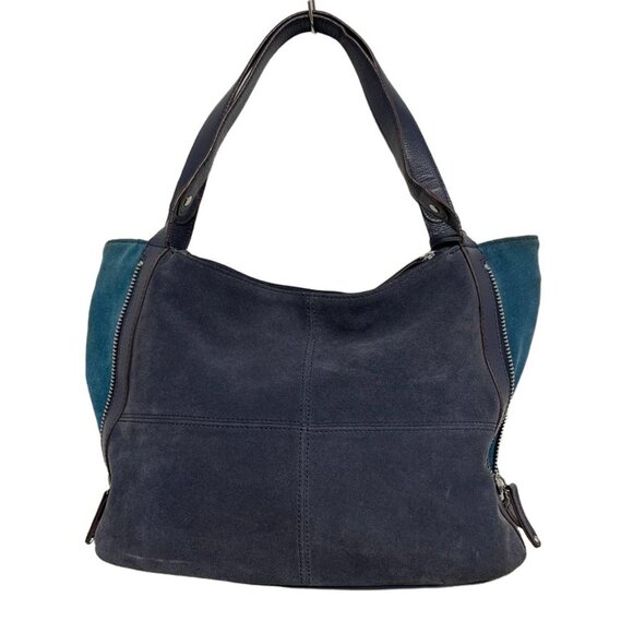TIGNANELLO  Navy/Emerald  Green Suede Leather Shoulder Bag With Expandable Sides - Picture 2 of 13